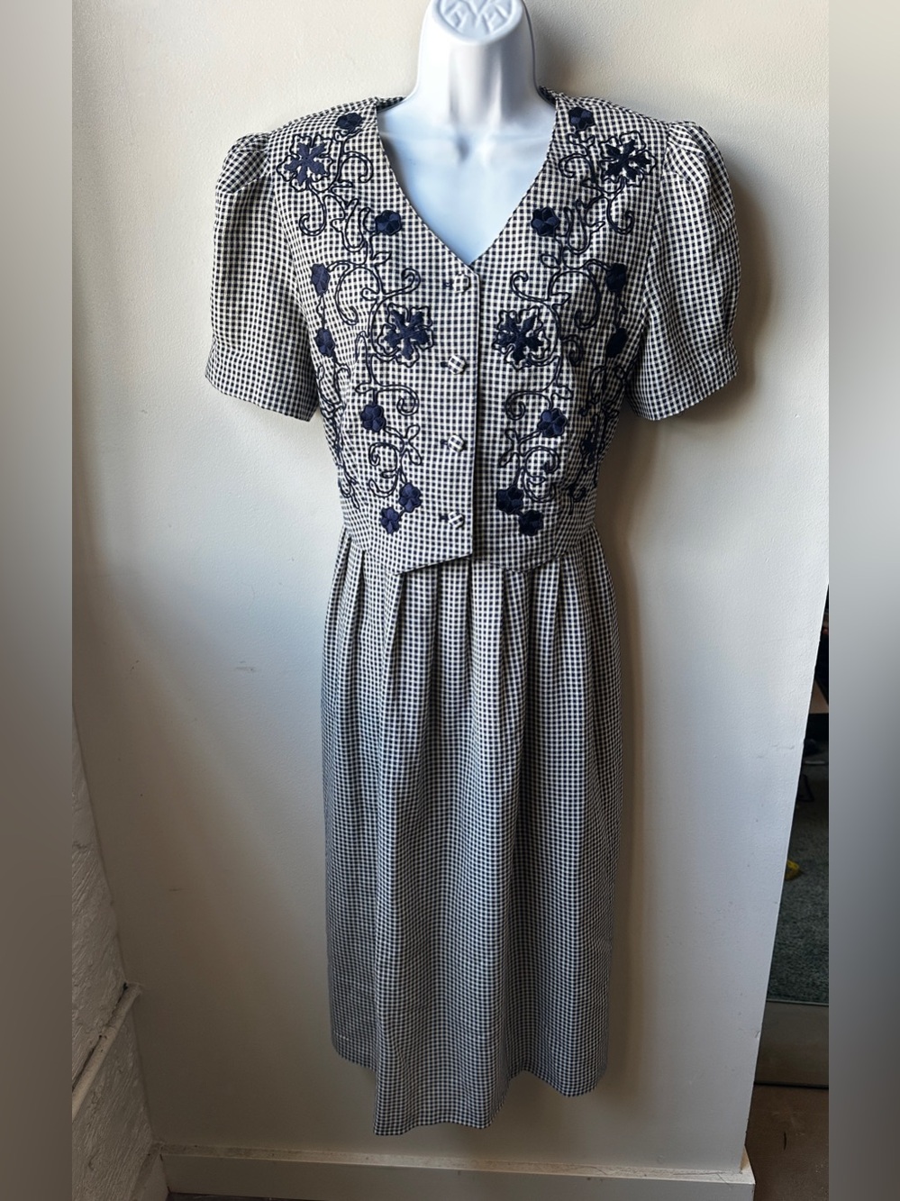 VTG 90s Gingham Plaid Floral Embroidered Cottage core Midi Dress Prairie Size 10